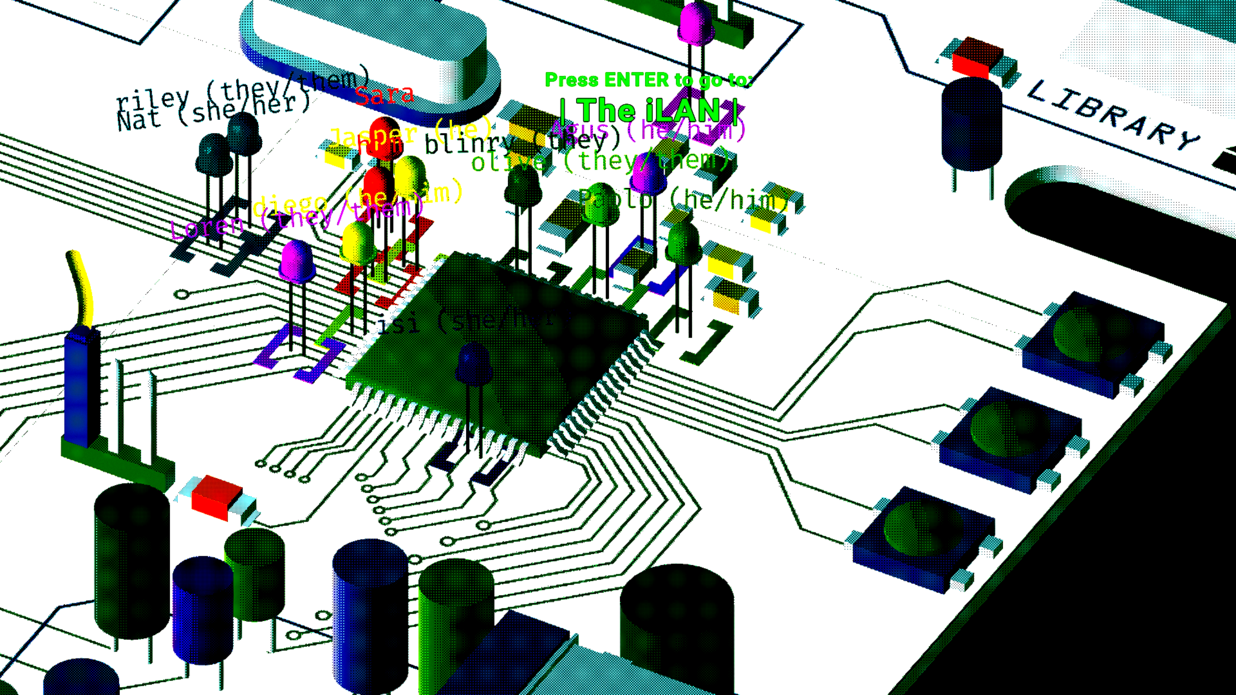 LED-L&auml;mpchen mit den Namen der Teilnehmer:innen versammeln sich um den Chip einer Platine | © Fuzzy Binaires